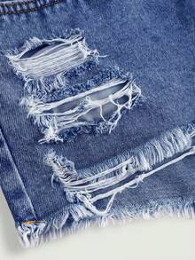 Teen Girl Casual Spring Summer Y2K Light Washed Low Rised Raw Hem Distressed Denim Shorts,Y2K Summer Boho Beach Vacation Concert Rave Festival, Beach For Girl, Vacation Girl, Valentine's Day - Dark Wash - View 4