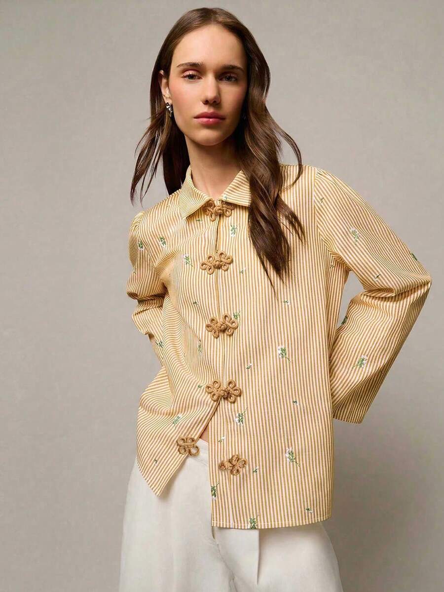 Nöista Loose Blouse With Chinese Style Buttons On Front Opening, In Contrast Red And Fabric Stripes Flower Print. Spring, Summer For Festival - Yellow - View 1