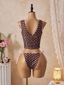 Bellisia Bộ đồ bơi 2 mảnh nữ xuân/hè 2026 mới, áo camisole cổ chữ V hở lưng xếp ly dây rút họa tiết chấm bi & bikini tam giác - Nhiều màu - Xem 2