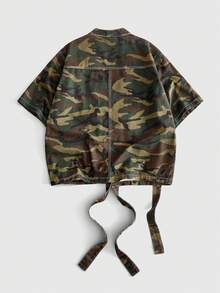 ROMWE MEN Men's Casual Fashion Street Camo Print Patchwork Pocket Buckle Belt Detail Denim Shirt, Summer - Army Green - View 2