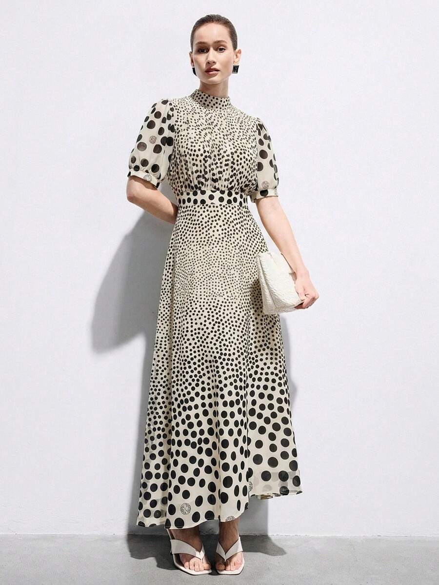 Aveloria Modichic 优雅女士雪纺连衣裙,胸部褶裥设计,公主袖,收腰,A字裙摆,简约百搭的办公通勤连衣裙 - 彩色 - 查看 1