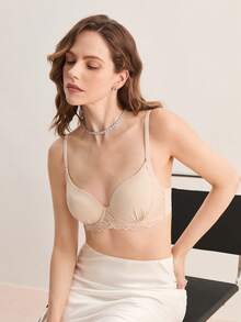 Hourtrue Women's Skin-Friendly Lace Bra, French Romantic Casual Versatile Mature Charm Lace Patchwork Underwire Bra, Lift And Support Adjustable Brafor Summerfor Summer - Apricot - View 4