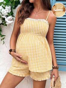 SHEIN Ensemble 2 pièces décontracté, top camisole à volants en patchwork de dentelle à carreaux et short à taille ajustable - Jaune citron - Voir 10