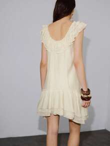 MOTF PREMIUM LINEN V-NECK LOOSE RUFFLED HEM SHORT DRESS, SUITABLE FOR SPRING/SUMMER VACATION - Apricot - View 3