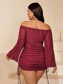 Swim SXY Plus Size Women Solid Color Off-Shoulder Long Sleeve Coverup Dress - Burgundy - View 2