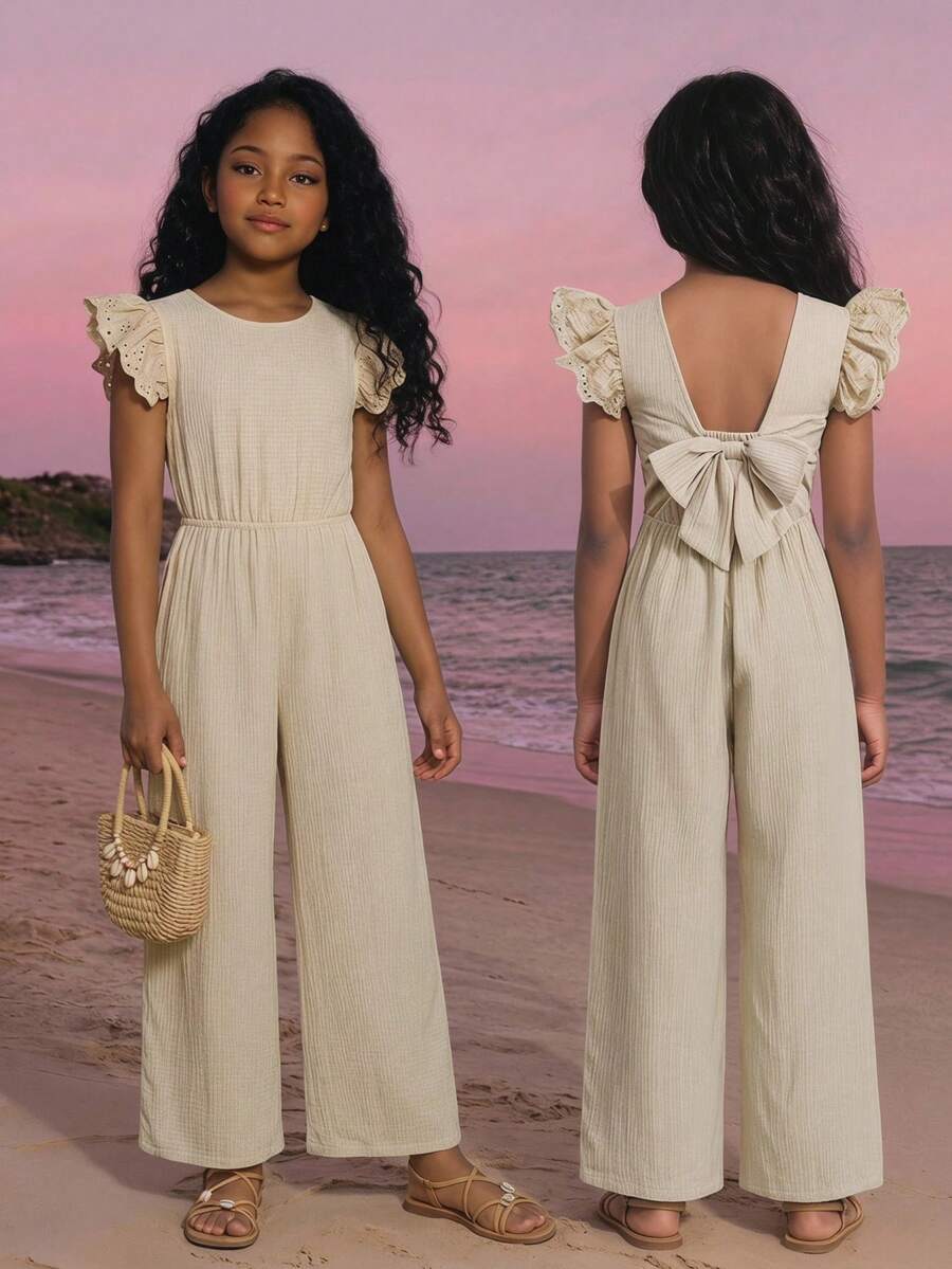 SHEIN Mono de niña preadolescente de color albaricoque con diseño elegante francés de encaje bordado, mangas de vuelo y lazo en la espalda, mono informal de chifón texturizado tejido cómodo para vacaciones y playa - Caqui - Ver 1