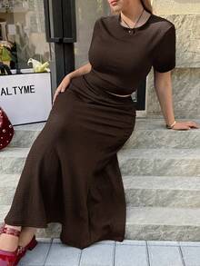 GalTyme 2件套加大码女式T恤和裙子休闲套装，夏季 - 巧克力棕 - 查看 6