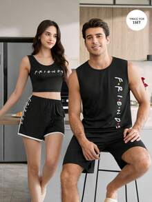 CoupledUp FRIENDS X SHEIN 1 Set Men's Summer Letter Print Tank Top And Shorts Pajama Set - Black - View 7
