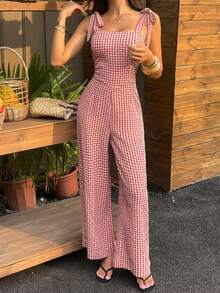 Sunnyshic Bộ áo liền quần nữ kẻ caro kiểu quây ngực, thắt nơ ở eo, phong cách Âu Mỹ ngọt ngào, thích hợp cho kỳ nghỉ hè. - Đỏ - Xem 3