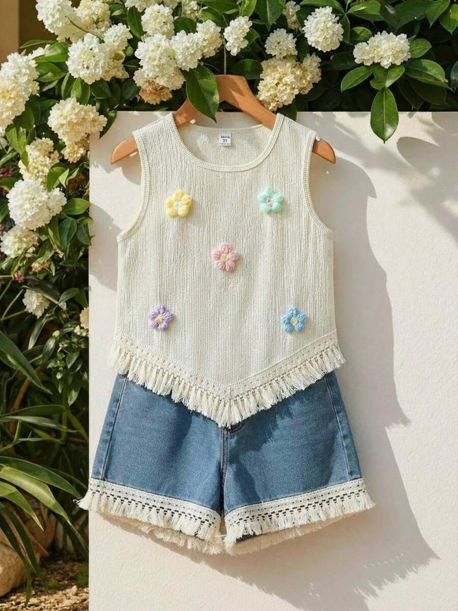 Vintaside Kids Bộ đồ mùa hè cho bé gái gồm áo ba lỗ cổ tròn không tay thời trang và đơn giản, phối cùng quần short denim bạc màu đa năng, thích hợp cho du lịch hè, kỳ nghỉ hoặc mặc thường ngày.