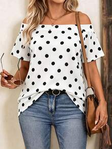 EMERY ROSE Plus Size Women's Polka Dot Print Off-Shoulder Short Sleeve T-Shirt - Multicolor - View 4