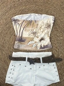 IslaSuriya 这款女士2000年代夏季度假风无肩带上衣，饰有热带花卉、椰子树和海岛风光图案。非常适合春夏穿着，适合度假、派对或日常穿着。 - 彩色 - 查看 2