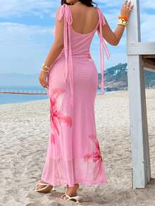 GalTyme Plus Size Floral Print Draped Fitted Summer Sleeveless Dress - Pink - View 2