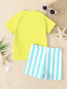 2pcs/Set Young Boys' Casual Loose Short Sleeve T-Shirt And Shorts Swimwear,Striped Surfboard & Palm Tree Print Summer Beach Holiday Outfit Sets - Multicolor - View 3