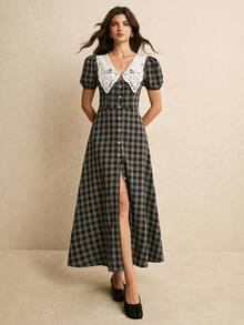 Poéselle 女士时尚精致蕾丝拼接领纽扣格子连衣裙 - 黑色 - 查看 3