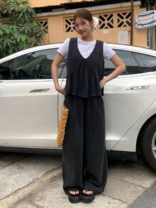 DAZY 女士纯色韩版无袖上衣和宽松阔腿裤两件套家居服套装，夏季短款套装 - 灰色 - 查看 8