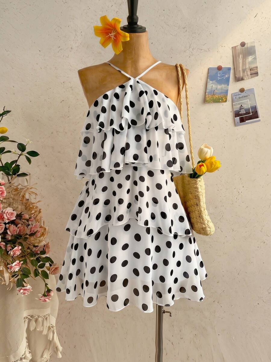 Soleia Elegant White With Black Polka Dots Summer Holiday Vacation Holiday Ruffle Chiffon Mini Dress,Backless Multi-Layer Wedding Guest Boho Dress - Multicolor - View 1