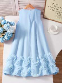 Girls' Elegant Sleeveless Dress With Bowknot Decor And Ruffle Hem, Children's Graceful Red Sleeveless Dress, Suitable For Spring And Summer - Mint Blue - View 2