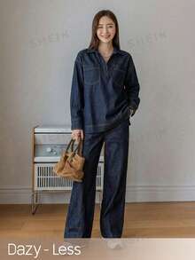 Dazy-Less Women's Casual Top And Jeans Set Business Casual Woman - Blue - View 5