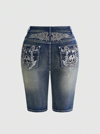 Fairycore Shorts di jeans skinny da donna in stile Y2K vintage, con ricamo di ali di scheletro e strass
