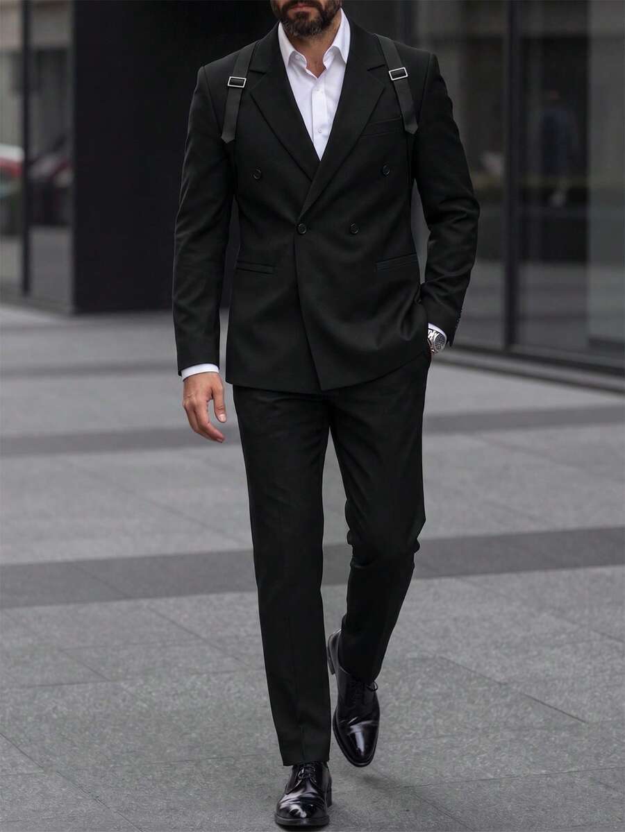 Manfinity Mode 男士简约印花休闲长袖西装外套和裤子套装，男士米色西装，男士双排扣西装，男士夏季西装，男士细条纹西装，男士奶油色西装 - 黑色 - 查看 1