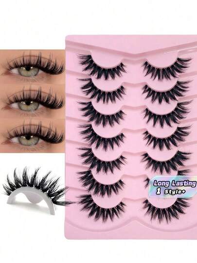 7Pairs 3D Imitation Mink Cat Eye False Eyelashes Natural Wispy Long Length Elongating End Fluffy Fake Lashes Reusable Lightweight For Women Daily Makeup Home Salon Travel