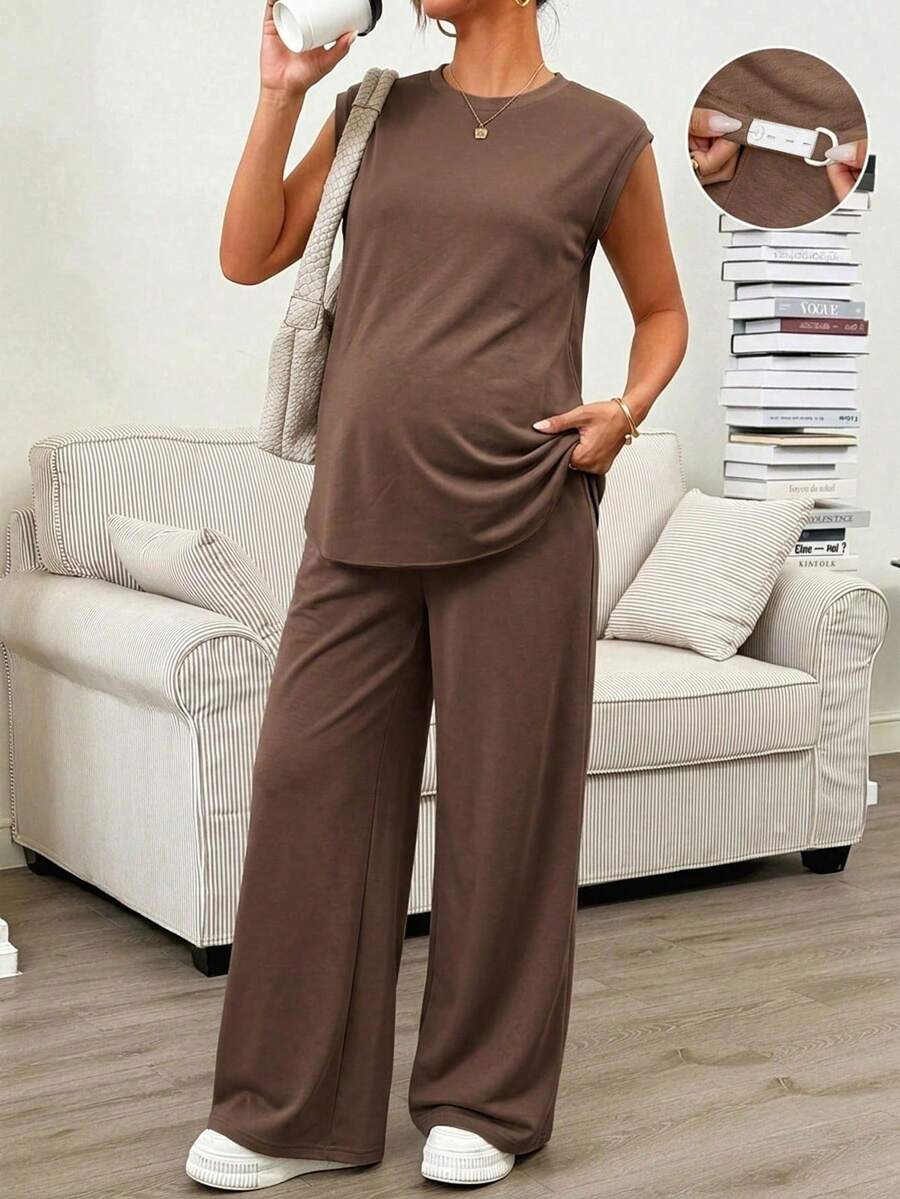 SHEIN 2pcs Maternity Set: Solid Color Sleeveless Top And Pants - Coffee Brown - View 1