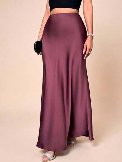 SHEIN Tall Women's Solid Color Mermaid Style Long Skirt, Satin Skirt, Elegant Dress, Suitable For Parties, Daily Wear, Black Skirt