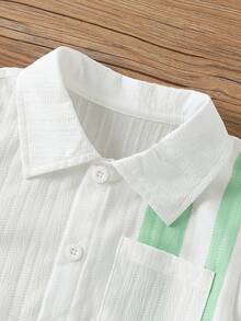 SHEIN Genkimix Kids 男童時尚條紋印花短袖襯衫與短褲兩件套，舒適夏季套裝，適合學校、校園與家庭度假 - 綠色 - 查看 7