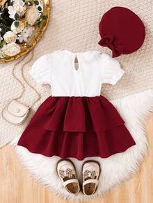 Souflis Souflis Conjunto de 2 piezas de vestido de manga corta con cuello de encaje y sombrero, lindo y dulce, para niñas bebés, adecuado para vacaciones de verano y fiesta - Multicolor - Ver 2