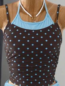 Bellisia Women's 2-Piece Vintage Polka Dot Print Spaghetti Strap Crop Top And Drawstring Shorts Bikini Set Set, Suitable For Summer Beach Vacation - Brown - View 5