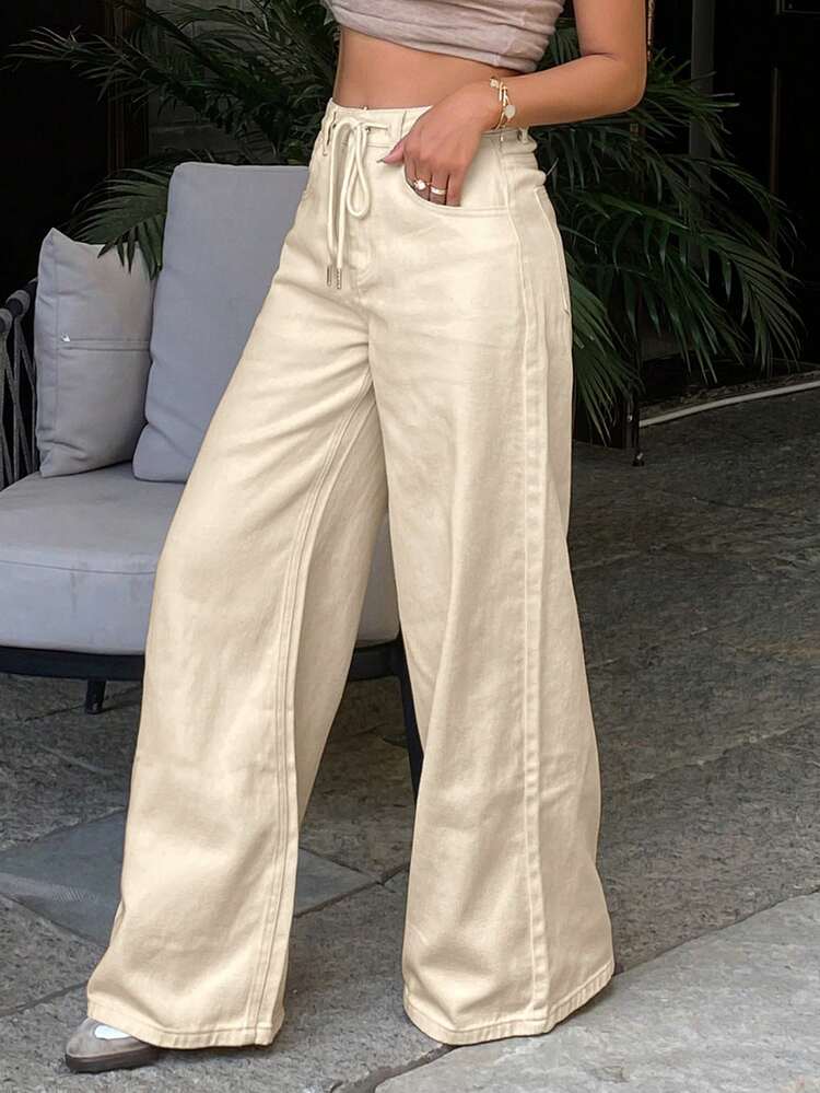 Women's Casual Solid Color Drawstring Waist Loose Wide Leg Jeans