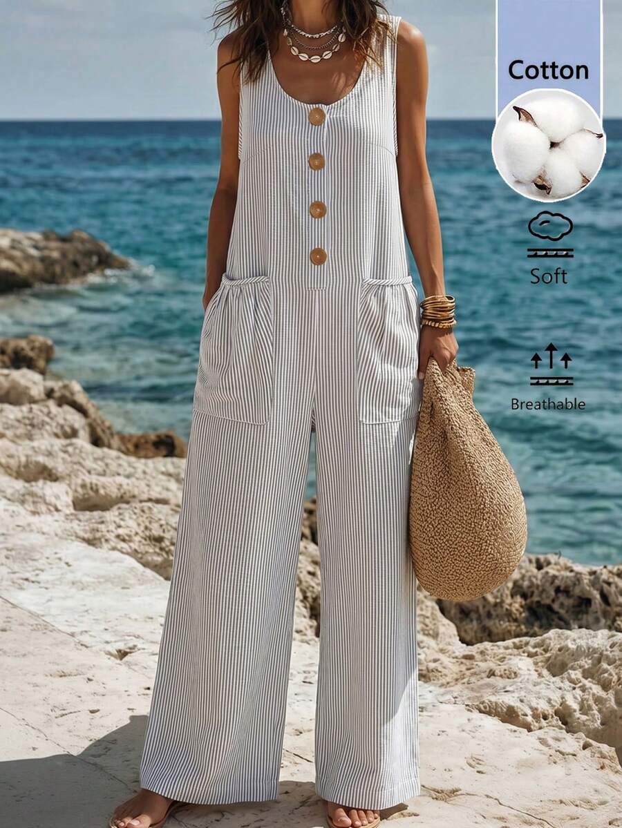 SHEIN Bộ jumpsuit nữ dáng ôm, cổ tròn, không tay, kẻ sọc, thanh lịch, thích hợp cho mùa xuân/hè, bộ jumpsuit kẻ sọc thời trang nghỉ dưỡng, trang phục mùa xuân/hè, quần kẻ sọc xám trắng cho dã ngoại, bộ jumpsuit mùa hè phong cách bohemian nghỉ dưỡng dành cho nữ, quần hè thường ngày, trang phục nữ mùa xuân/hè.