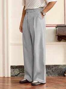 SWAVVY Celana Panjang Pria Tenun Kasual Longgar Model Lurus, Pinggang Elastis, Warna Polos, Cocok untuk Pemakaian Sehari-hari - Light Grey - View 4
