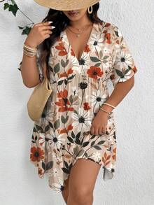 SHEIN VCAY Đầm babydoll cổ chữ V in hoa, phong cách thường ngày, thoải mái cho nữ, thích hợp cho kỳ nghỉ hè, đi nghỉ mát, dành cho nữ. - Nhiều màu - Xem 3