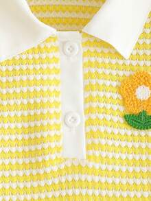 SHEIN 女嬰休閒花卉刺繡紋理 Polo 領條紋拼接前胸泡泡袖針織洋裝，適合夏季度假街頭穿搭 - 黃色 - 查看 7