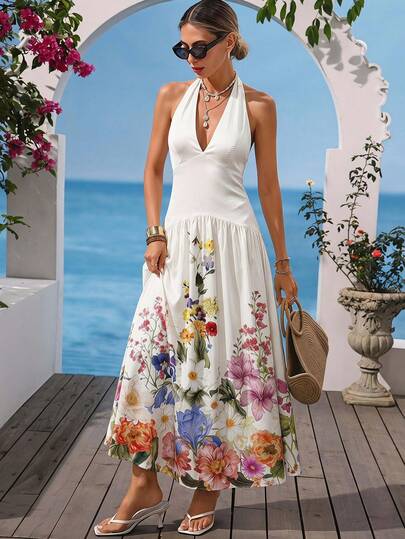  Vivid Eden Women's Floral Print V Neck Backless Dress For Summer Vacation & Beach, Women Casual Dress, Women Birthday Outfit,Vacation Style,For Beach Vacation,Bohemian Clothes, Women Dresses Birthday Vacation Dress, Floral Dress