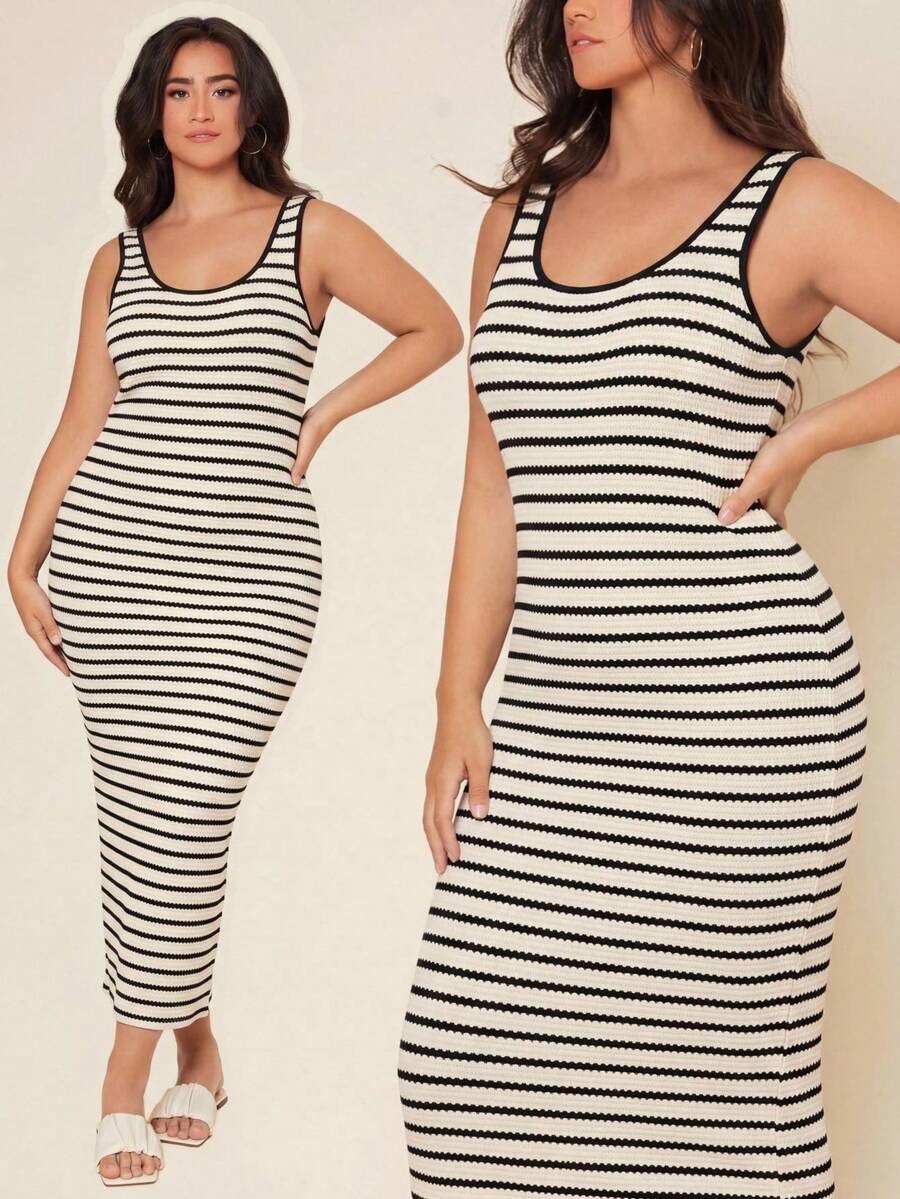 SHEIN BASICS 大码女士条纹修身休闲吊带连衣裙