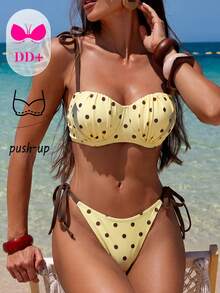 Voyashape Set bikini da donna sexy con ferretto, push-up, con imbottitura, spalline, nodo laterale in vita, adatto per primavera/estate - Giallo - Visualizzare 6