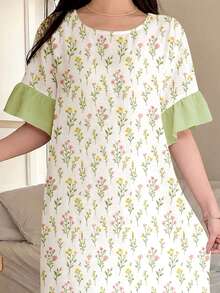 Vestido longo casual solto minimalista com gola redonda e bainha de manga com folhos, estilo vintage boémio floral, para rapariga adolescente, adequado para primavera e verão, verão relaxado, vibrações de férias, viagem ensolarada, looks casuais de primavera, escapadela de verão, looks casuais de primavera, verão relaxado - Multicolorido - Ver 4