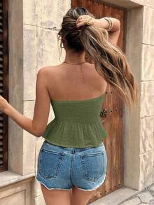 Top bandeau de diseño fruncido de unicolor con bajo asimétrico de moda para vacaciones de mujer - Verde Oliva - Ver 2