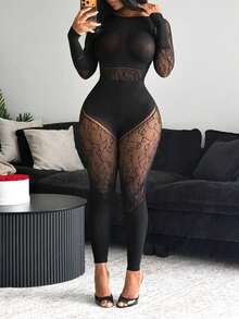 BamGleam 女士性感镂空透视网纱连体裤 - 黑色 - 查看 3