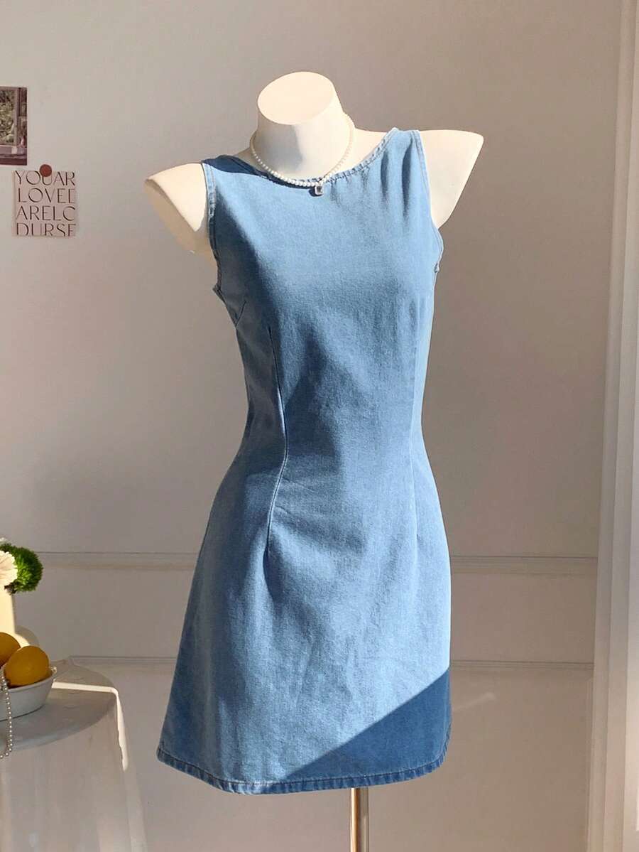 Comfortcana Đầm denim nữ không tay hở lưng, kiểu dáng thường ngày, có dây thắt eo, thích hợp cho mùa hè. - Màu xanh lam - Xem 1
