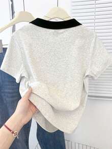 Resyla Camiseta de manga corta de uso diario versátil y casual con bloque de color y patrón de letras para mujer - Gris Claro - Ver 2