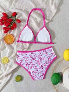 SHEIN Bộ bikini in hình lá cây dành cho bé gái tuổi teen, màu hồng cánh sen với viền hồng cánh sen, chất liệu vải dệt kim, 2 mảnh, kiểu dáng thời trang, thanh lịch, phù hợp cho bơi lội, kỳ nghỉ hè. - Hồng - Xem 2