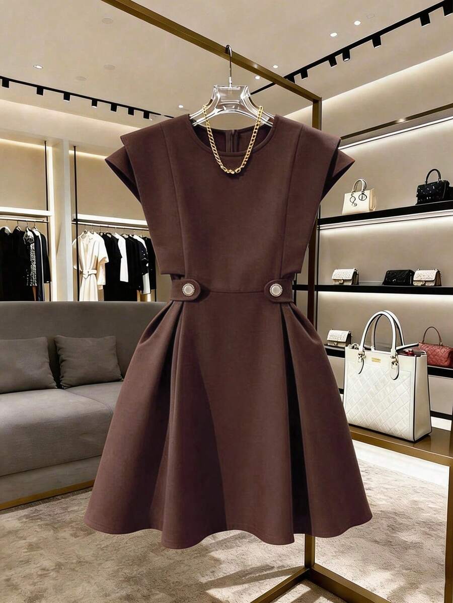 GlowEve Vestido corto elegante y romántico para vacaciones, trabajo y uso diario - Marrón - Ver 1