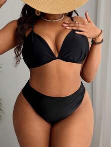 SHEIN Swim Curve Summer 2pcs/Set Plus Size Women's Leopard Print & Solid Color High Waist Bikini Shorts Thong Bikini - Multicolor - View 2