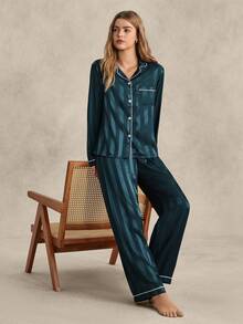 EverLounge Contrast Piping Satin Pajama Set, Fall Winter Clothes - Teal Blue - View 6