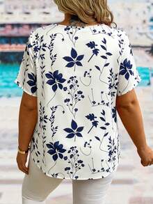 EMERY ROSE Camisa de manga corta con estampado floral de uso diario y versátil para mujer de talla grande - Azul y blanco - Ver 2