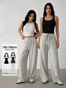 SHEIN PETITE Quần ống rộng kẻ sọc thắt eo đơn giản cho nữ - Xanh và trắng - Xem 2